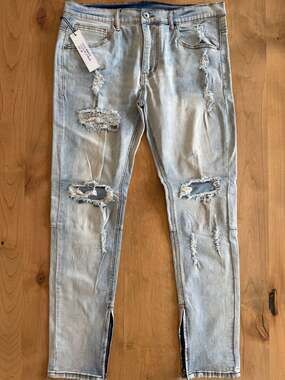 KDNK KND4170 Distressed Skinny Ankle Zip Jeans Light Blue Wash Size 36